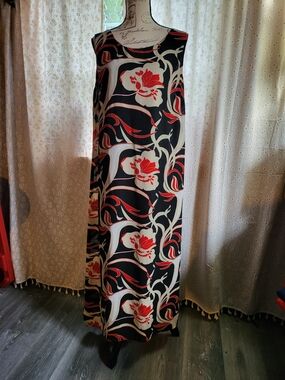 Borcellini Vintage Floral Maxi Dress Black Red Size 16